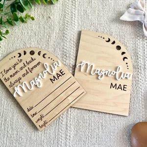 Moon Phase Baby Name Sign – Personalized Birth Stat Sign with Acrylic Name, “Love You to the Moon” Quote, Custom Newborn Keepsake, Celestial