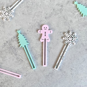 Set of 12 Christmas cupcake toppers, Pastel acrylic cupcake toppers, cupcake sticks, holographic snowflake, gingerbread man,  christmas tree