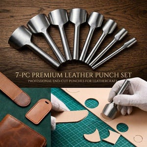 May include: A 7-piece premium leather punch set featuring silver metal end-cut tools of varying widths. The set includes tools for leathercraft, shown alongside tan leather pieces and a hand using a punch on a green cutting mat.