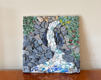 River Natural Stone & Glass Mosaic Wall Art and Tabletop Decor for Summer Garden Mosaic Art for Birthday Gift