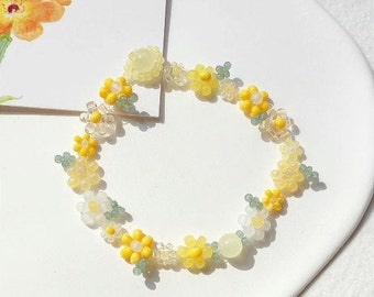 Pulsera de flores con cuentas, pulsera de margarita, floral amarillo, joyería Bridgerton, pulsera de flores estética, regalo para ella, regalo de cumpleaños,