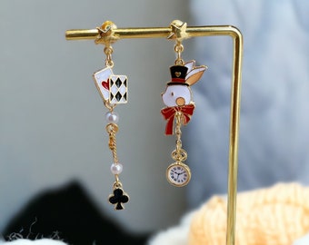 Cute White Rabbit Enamel Earrings Bunny With Poker Card Dangles Kawaii Alice In Wonderland Jewelry Gift For Best Friend