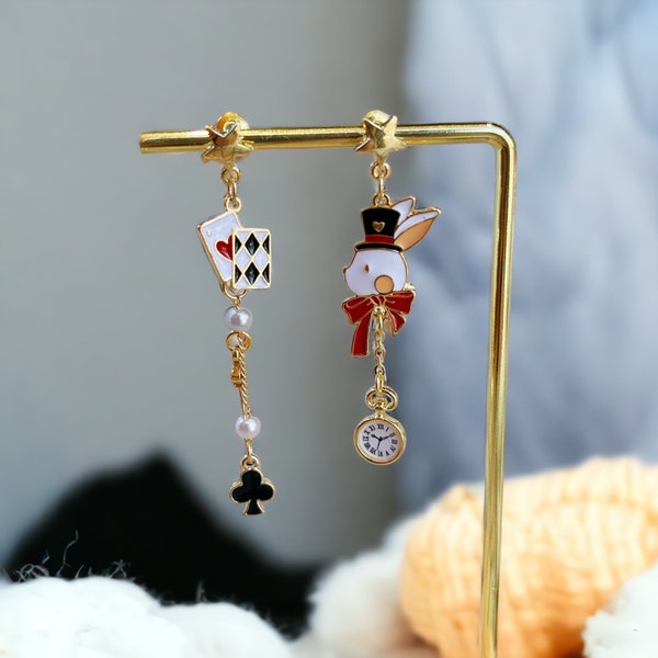Cute White Rabbit Enamel Earrings Bunny With Poker Card Dangles Kawaii Alice In Wonderland Jewelry Gift For Best Friend