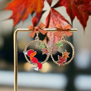 Cute Red Fox Earrings With Maple Leaf Kawaii Enamel Hoop Dangles Gift For Daughter Cartoon Jewelry Gift For Mom