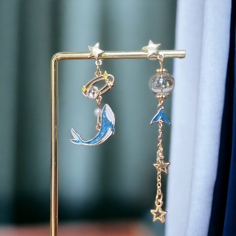 Whale Earrings Asymmetrical Ocean Jewelry Kawaii Nautical Long Dangles Birthday Gift For Best Friend Marine Lover Gift image 8