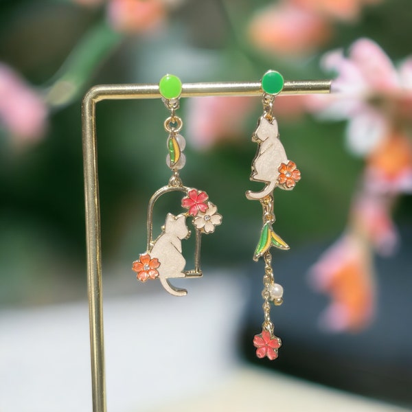 Cute Japanese White Cat Earrings With Beaded Sakura Flower Kawaii Mismatched Enamel Dangles Gift For Mom