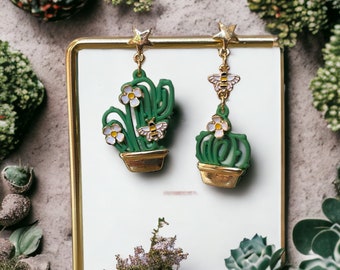 Schattige Cactus Oorbellen Met Emaille Bijen Kawaii Plant Cactussen Cinco de Mayo Sieraden Voor Moeder Sierlijke Botanische Oorbellen