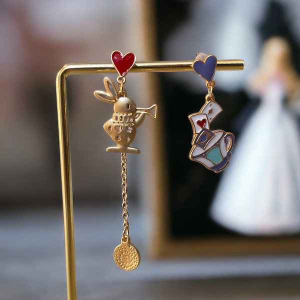 Cute White Rabbit Earrings For Easter Enamel Bunny With Poker Card Dangles Kawaii Alice In Wonderland Jewelry