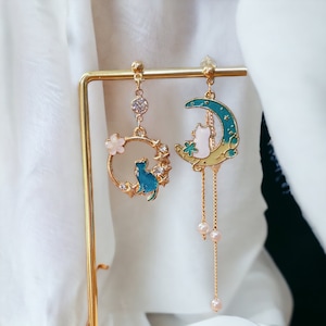 Jolies boucles d'oreilles chat avec breloque céleste, cadeau pendentifs bleus émaillé kawaii pour fille, boucles d'oreilles étoiles en perles, cadeau pour maman