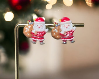 Cute Holiday Earrings With Christmas Tree And Santa Claus Charm.Gingerbread Man Teddy Bear Earrings Gift For Mom