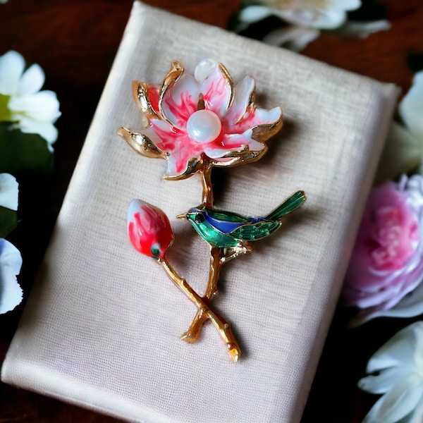 Broche fleur de nénuphar avec oiseau, bijoux botaniques mignons, épingle de Style Baroque Floral Kawaii, cadeau de noël pour meilleur ami