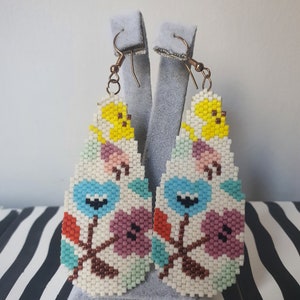 Handmade earrings made with Miyuki beads,floral earrings, white and multi colored, handmade jewelry