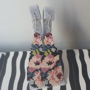 Handmade earrings made with Miyuki beads,floral earrings, black and multi colored, handmade jewelry