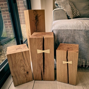 Solid Oak Block Table - 160X160mm - Small Bedside Table - Minimal interior Decor - Brass Bowtie Oak Block Table - Hardwood Block - Doorstop