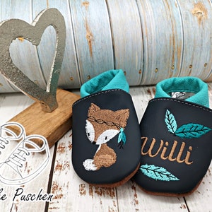 Crawling shoes with name - baby shoes with fox - leather slippers for children - slippers for toddlers
