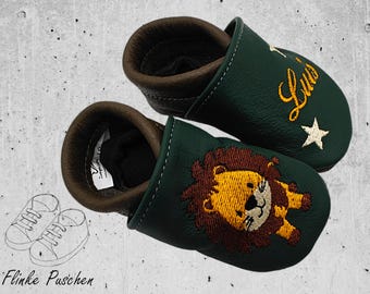 Personalized crawling shoes baby leather slippers made of genuine leather - handmade and embroidered - with lion