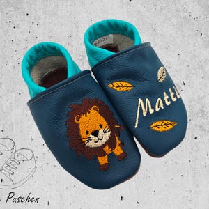 Personalized crawling shoes baby leather slippers made of genuine leather - handmade and embroidered - with lion