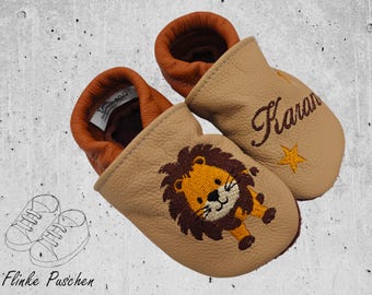 Personalized crawling shoes baby leather slippers made of genuine leather - handmade and embroidered - with lion