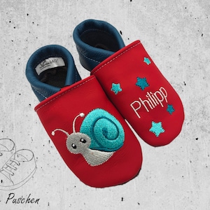 Personalized crawling shoes baby leather slippers made of genuine leather - handmade and embroidered - with snail