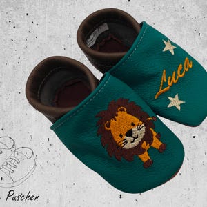 Personalized crawling shoes baby leather slippers made of genuine leather - handmade and embroidered - with lion