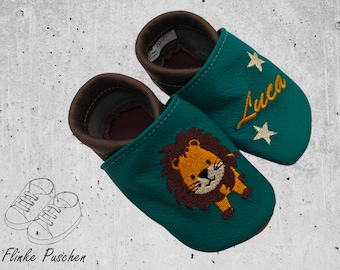 Personalized crawling shoes baby leather slippers made of genuine leather - handmade and embroidered - with lion