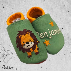 Personalized crawling shoes baby leather slippers made of genuine leather - handmade and embroidered - with lion