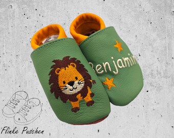 Personalized crawling shoes baby leather slippers made of genuine leather - handmade and embroidered - with lion
