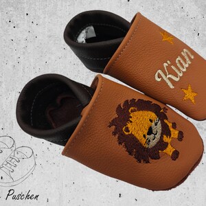 Personalized crawling shoes baby leather slippers made of genuine leather - handmade and embroidered - with lion