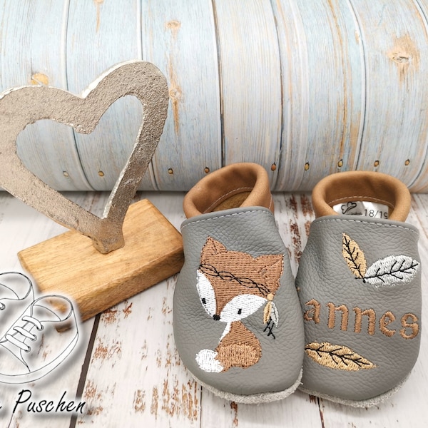 Baby Schuhe mit Fuchs - Lederpuschen für Kinder - Puschen für Kleinkinder
