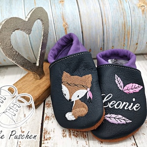 Crawling shoes with name - baby shoes with fox - leather slippers for children - slippers for toddlers