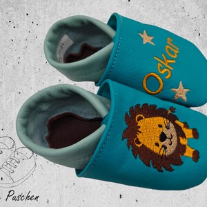 Personalized crawling shoes baby leather slippers made of genuine leather - handmade and embroidered - with lion
