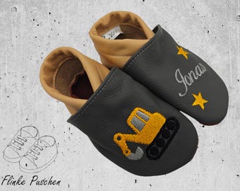 Zapatos de gateo personalizados, zapatillas de cuero para bebé hechas de cuero genuino, hechas a mano y bordadas, con excavadora