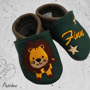Personalized crawling shoes baby leather slippers made of genuine leather - handmade and embroidered - with lion