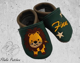 Personalized crawling shoes baby leather slippers made of genuine leather - handmade and embroidered - with lion
