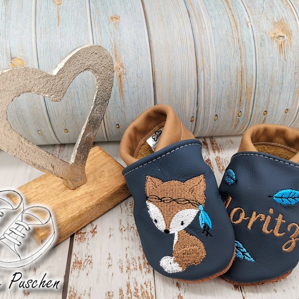 Crawling shoes with name - baby shoes with fox - leather slippers for children - slippers for toddlers