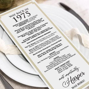 Archivo digital hecho a pedido/1975 - Decoraciones para el 50.° cumpleaños/Tarjetas de mesa personalizadas para ti/para hombres y mujeres