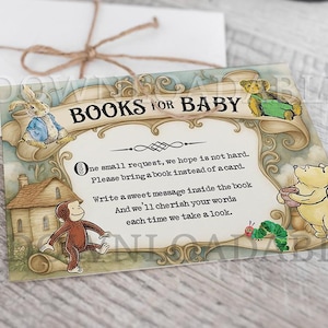 Puede incluir: Tarjeta de invitación a un baby shower con el texto "BOOKS FOR BABY" y una petición a los invitados para que traigan un libro en lugar de una tarjeta. La tarjeta presenta ilustraciones de personajes de cuentos y está atada con hilo.