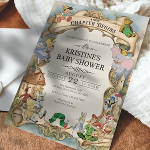May include: Baby shower invitation with a vintage design. The invitation features illustrations of storybook characters and the text "A New Chapter Begins." Details include the date, time, and location of the event.