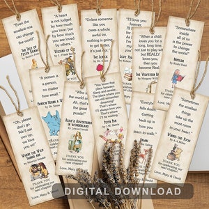 May include: A set of 14 printable bookmarks featuring quotes from classic children's books. Each bookmark has a different quote and illustration from books like "Where the Wild Things Are", "The Lorax", "Alice's Adventures in Wonderland", and "Peter Pan".