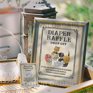 Herunterladbares 8x10 Schild und 3x4 Karte / NICHT BEARBEITBAR / Windelverlosung / Märchenbuch-Babyparty