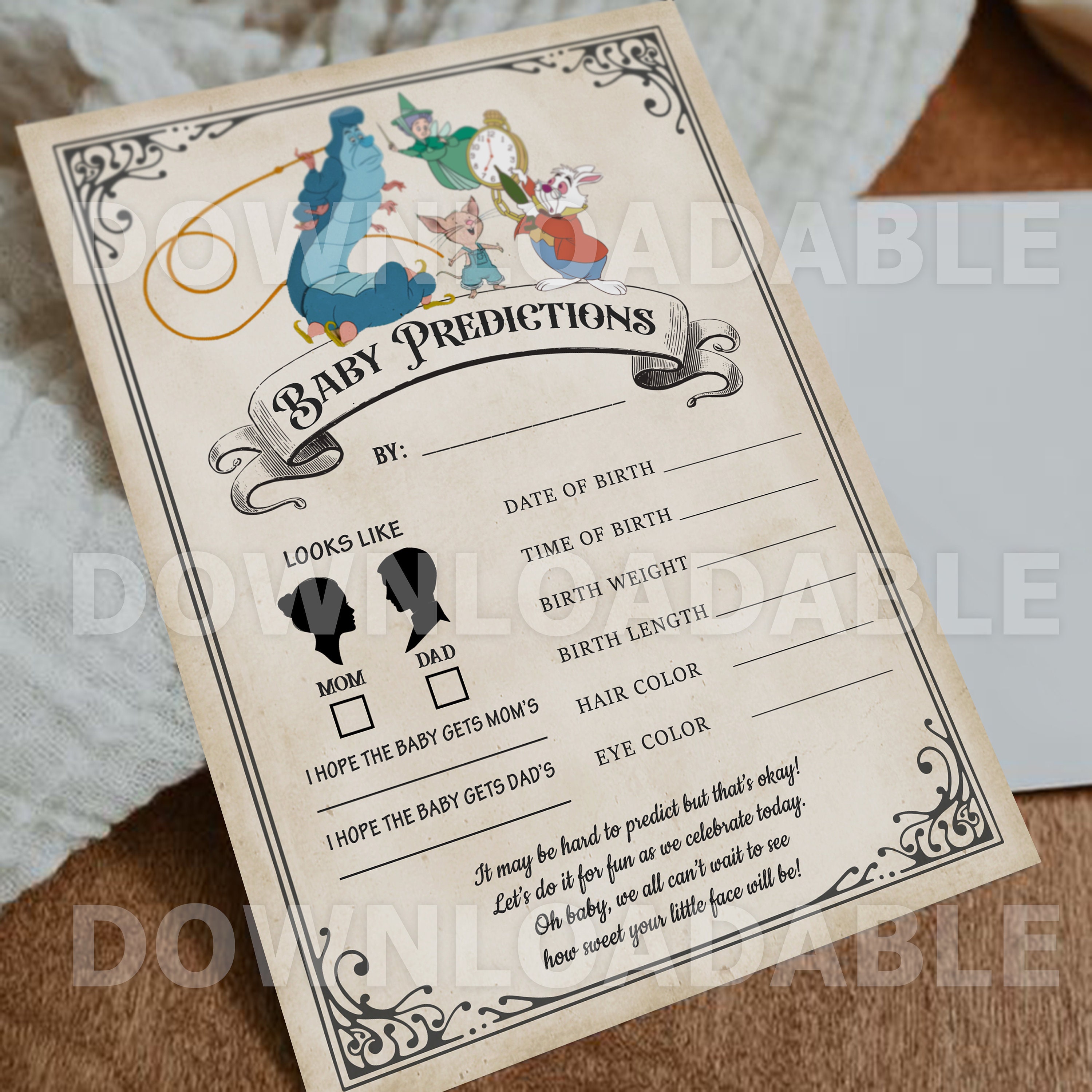 Downloadable 5x7 Baby Predictions Card / Storybook Baby Shower / UNeditable
