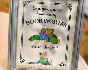Downloadable 8x10 Sign with Answer Cards / Not Self-editable / Guess How Many Bookworms are in the Jar / Storybook Baby Shower or Birthday