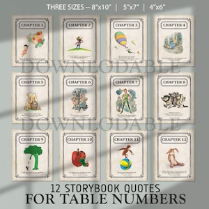 May include: Twelve printable table number cards featuring illustrations from classic children's books. Each card has a chapter number and a quote from the book. The cards are available in three sizes: 8x10 inches, 5x7 inches, and 4x6 inches.