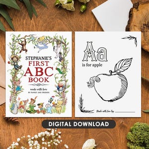 Op de afbeelding: Een afdrukbare kleurplaat met de letter A en een appel. De tekst luidt "Aa is voor appel". De pagina is ontworpen voor het eerste alfabetboek van een kind.