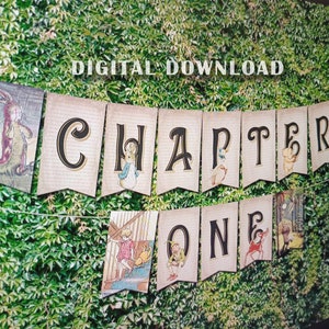 May include: A banner with the words "CHAPTER ONE" in black letters on a beige background. The banner is decorated with illustrations of characters from the book "The Tale of Peter Rabbit".