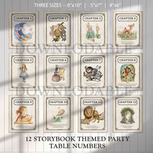 Puede incluir: Doce tarjetas de número de mesa imprimibles con ilustraciones de libros infantiles clásicos. Cada tarjeta tiene un diseño de estilo vintage con fondo blanco y texto negro. Las tarjetas están etiquetadas con números de capítulo del 1 al 12.