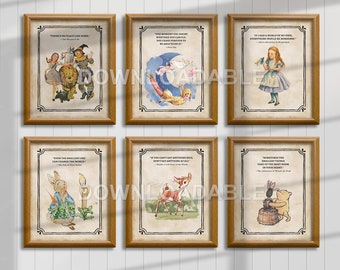 May include: Set of six printable wall art prints featuring quotes from classic children's books. Each print features a different character and quote, including Alice in Wonderland, Winnie the Pooh, Peter Rabbit, Bambi, and The Wizard of Oz. The prints are in a vintage style with a brown background and a white border.