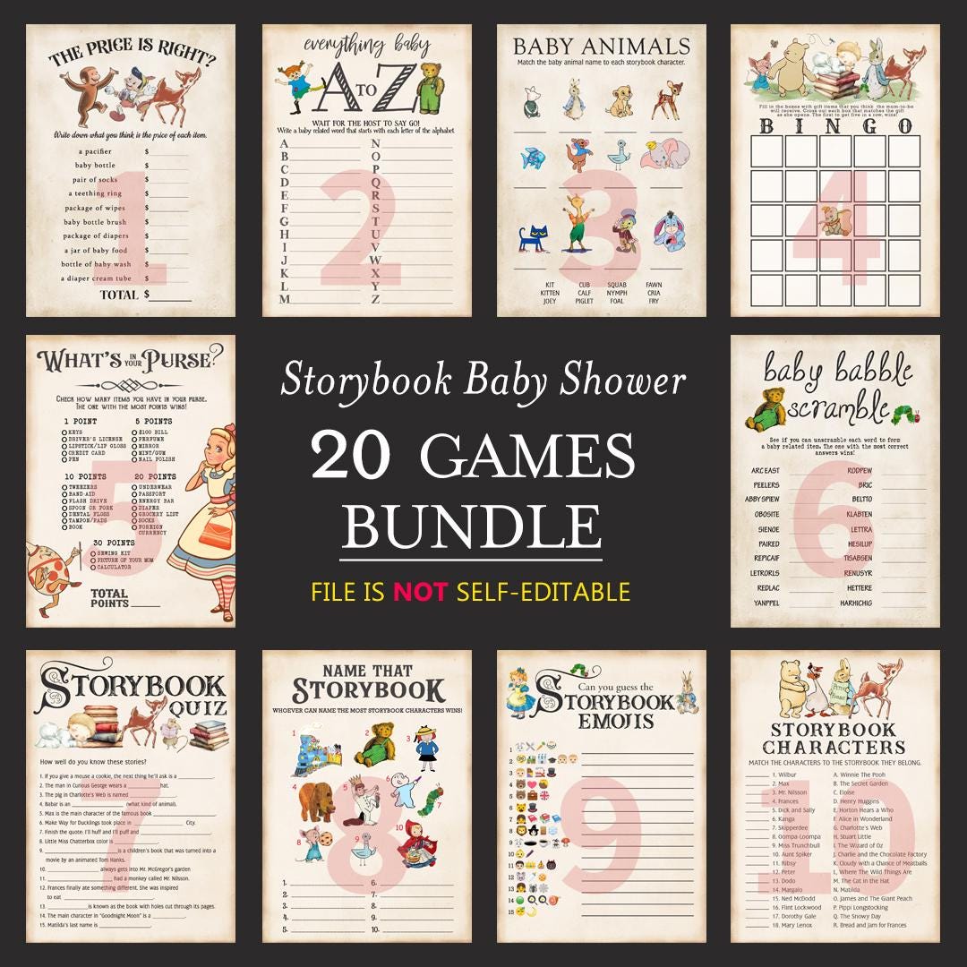 DOWNLOADABLE Storybook Baby Shower Collection - Not SelfEditable - 5x7 Size - With Old Paper Background