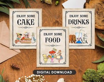 DOWNLOAD Set of 3 Signs in 8x10 inches / Food Drinks and Cake / Not Self-Editable / Storybook Baby Shower Birthday