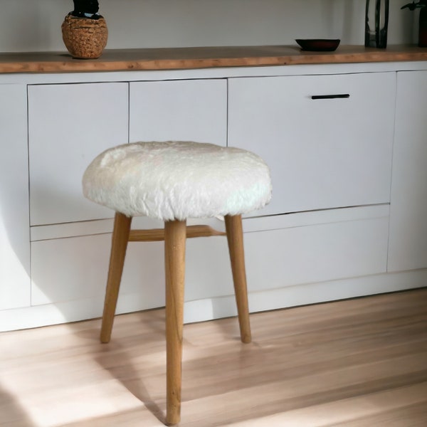 White Plush Pouf Stool,Vanity Stool, wood Stool,Upholstered Bench, Vintage Furniture, Bedroom Stool, Piano Bench, Footstool Bench